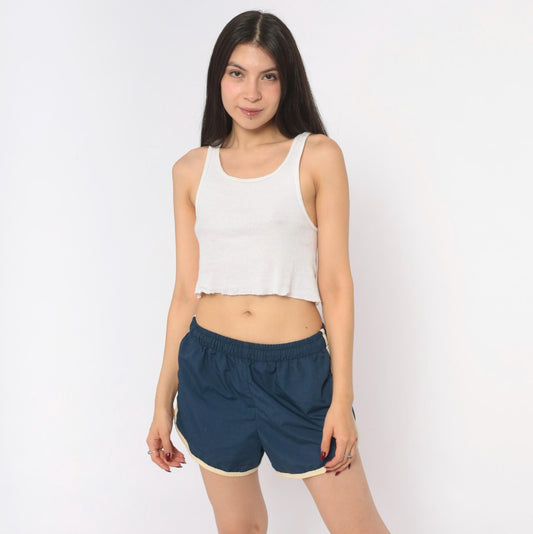 80s Jantzen Navy Running Shorts Cream Piping Dolphin Hem Cotton Medium