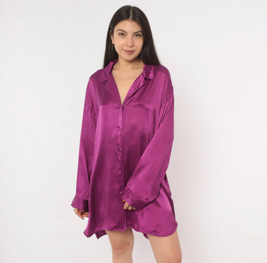90s Wintersilks Plum Silk Button-Front Shirt Dress Mini Purple Satin Extra Large XL