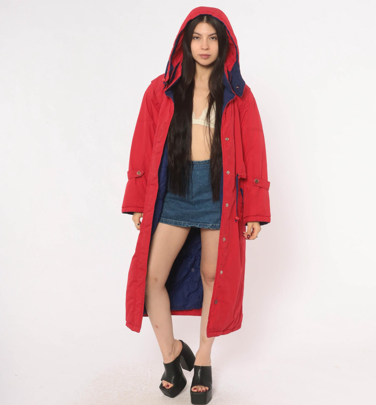 80s Red Duck Down Parka Long Hooded Coat Navy Trim Small S