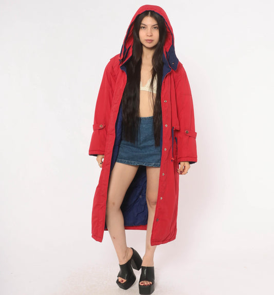 80s Red Duck Down Parka Long Hooded Coat Navy Trim Small S