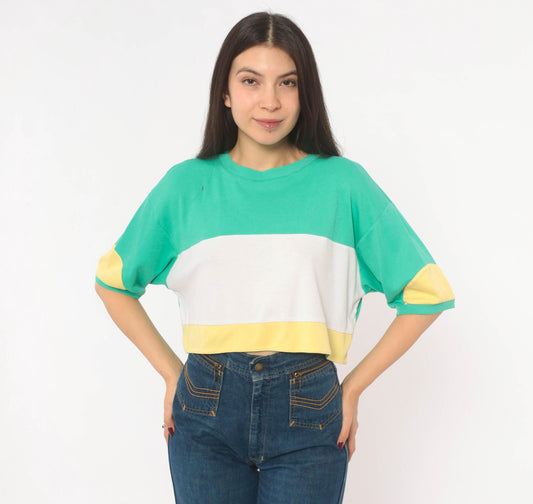 80s Color Block Crop Top Green White Yellow Cotton Medium M