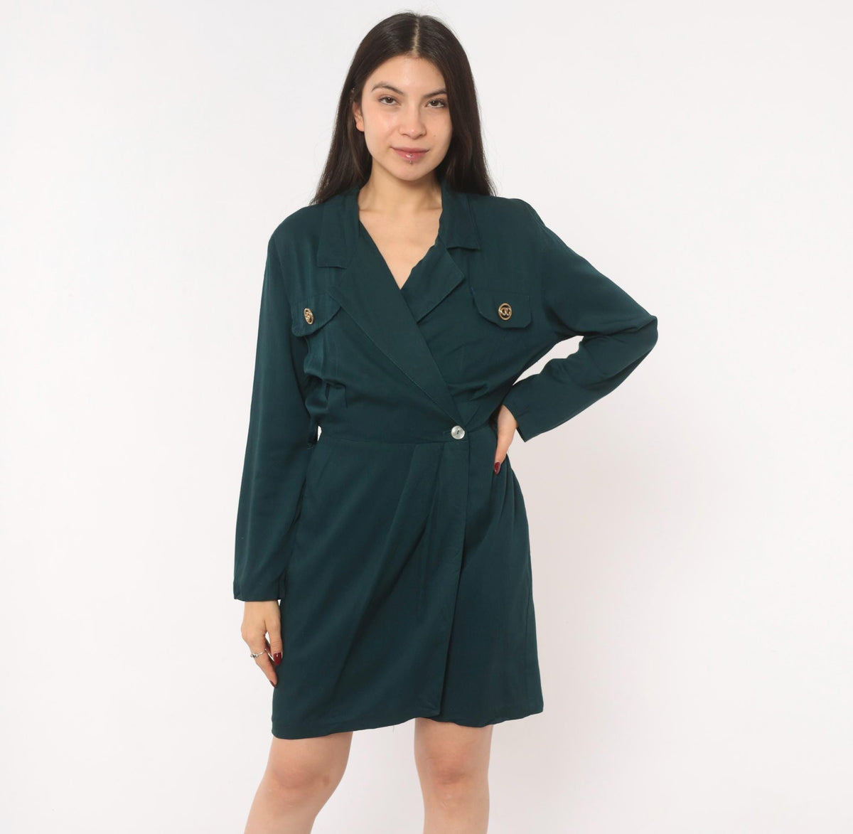 90s Deborah Teal Wrap Dress Gold Button Notched Collar Knee Length Small