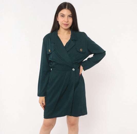 90s Deborah Teal Wrap Dress Gold Button Notched Collar Knee Length Small