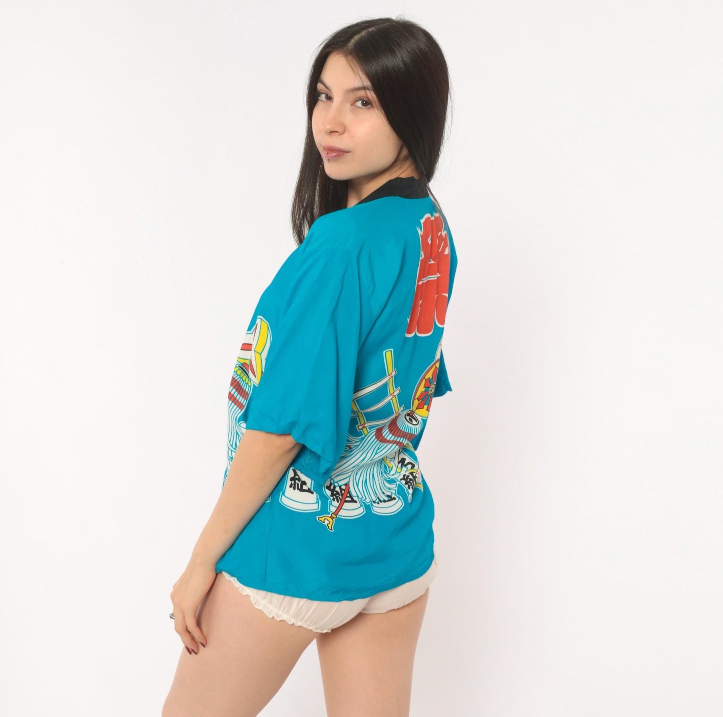 90s Japanese Festival Happi Coat Teal Matsuri Kanji Pinwheel Lantern Open Front Extra Small