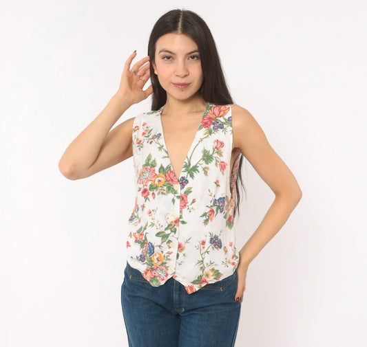 90s Capacity Floral Button Vest White Pink Rose Botanical Medium M