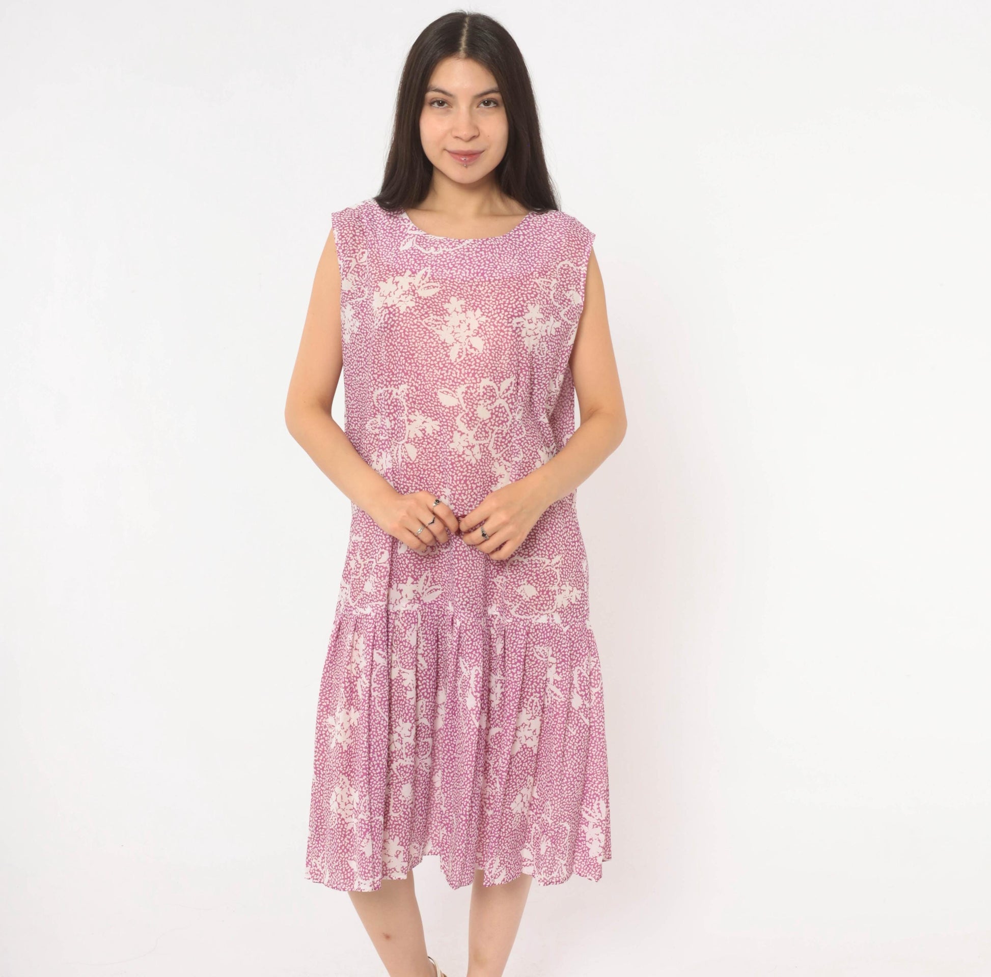 80s California Looks Floral Drop Waist Dress Purple White Knee Length XL