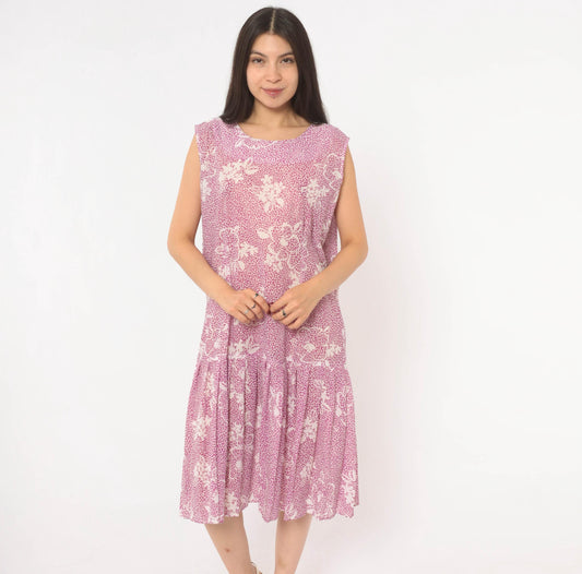 80s California Looks Floral Drop Waist Dress Purple White Knee Length XL