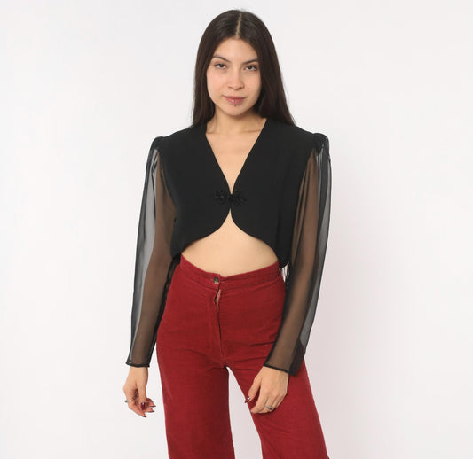 90s Black Bolero Jacket Chiffon Puff Sleeve V Neck Beaded Cropped Medium M