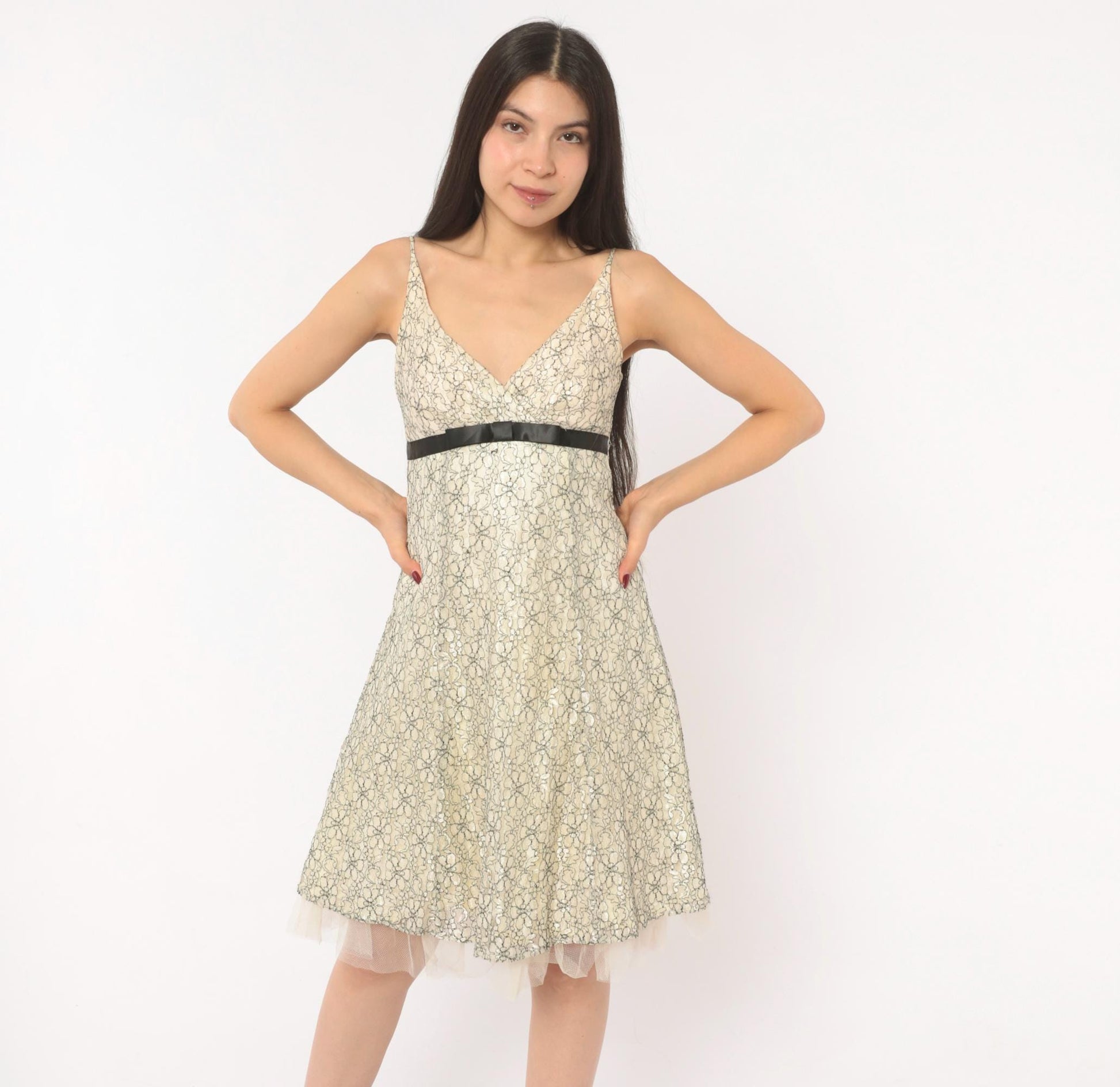 Y2K Intrigue Lace Floral Sundress Cream Black Satin Ribbon Empire Waist Extra Small XS