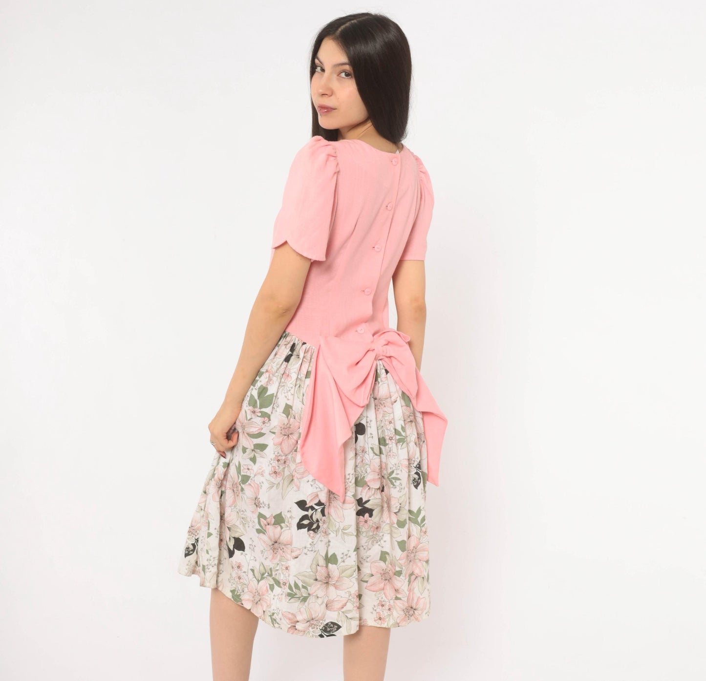 80s Pink Floral Puff Sleeve Dress Bow Back Drop Waist Cotton Small