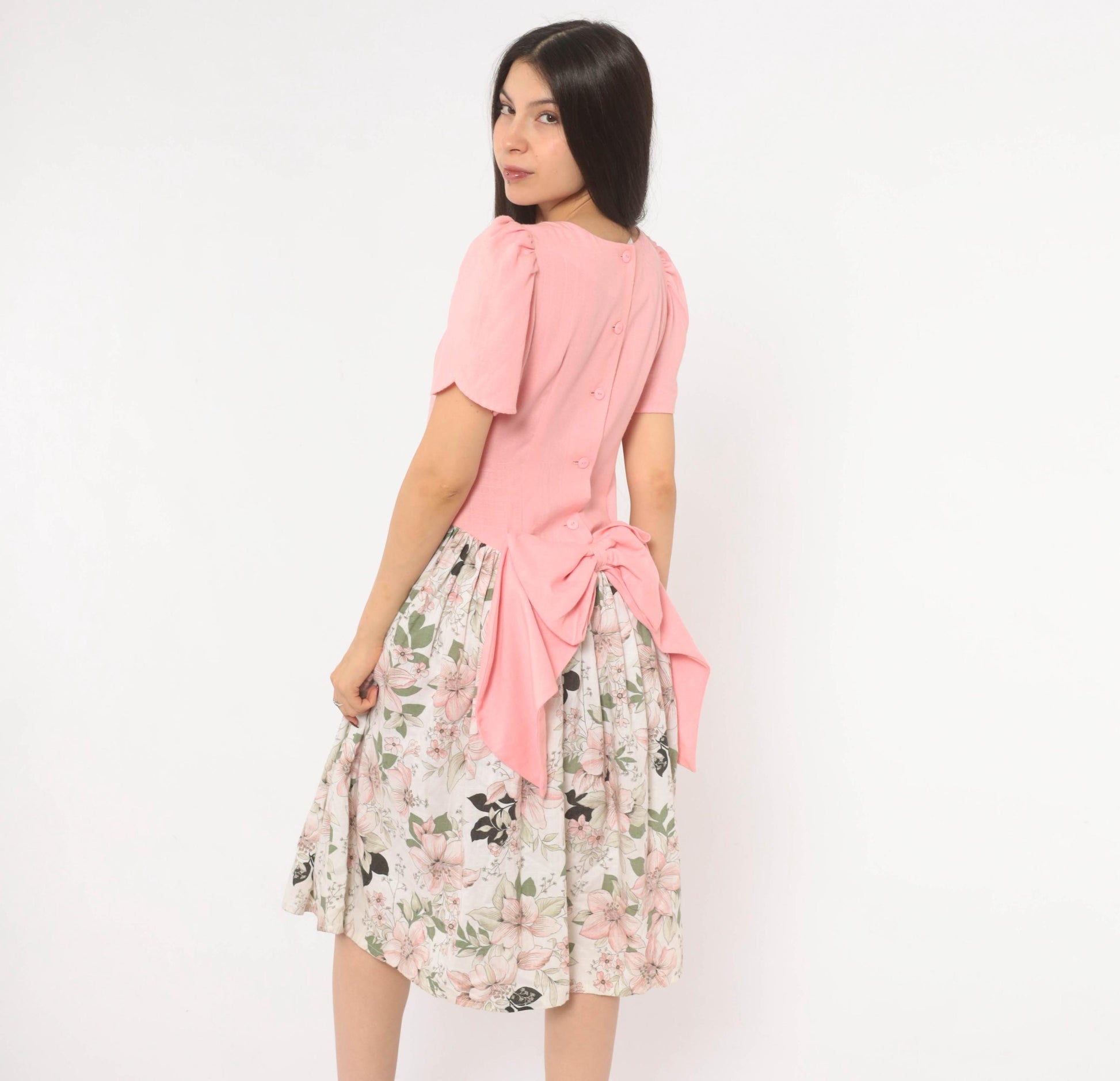 80s Pink Floral Puff Sleeve Dress Bow Back Drop Waist Cotton Small