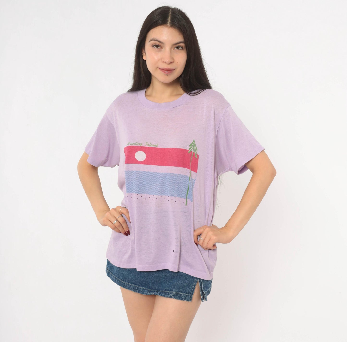 80s Hunting Island Graphic Tee Lilac Purple Sunset Beach Cotton Extra Large XL