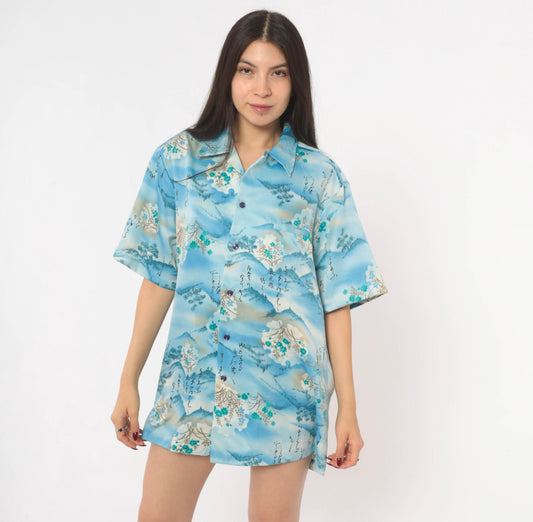 90s Mark Raysten Camp Collar Shirt Japanese Landscape Sky Blue Large L