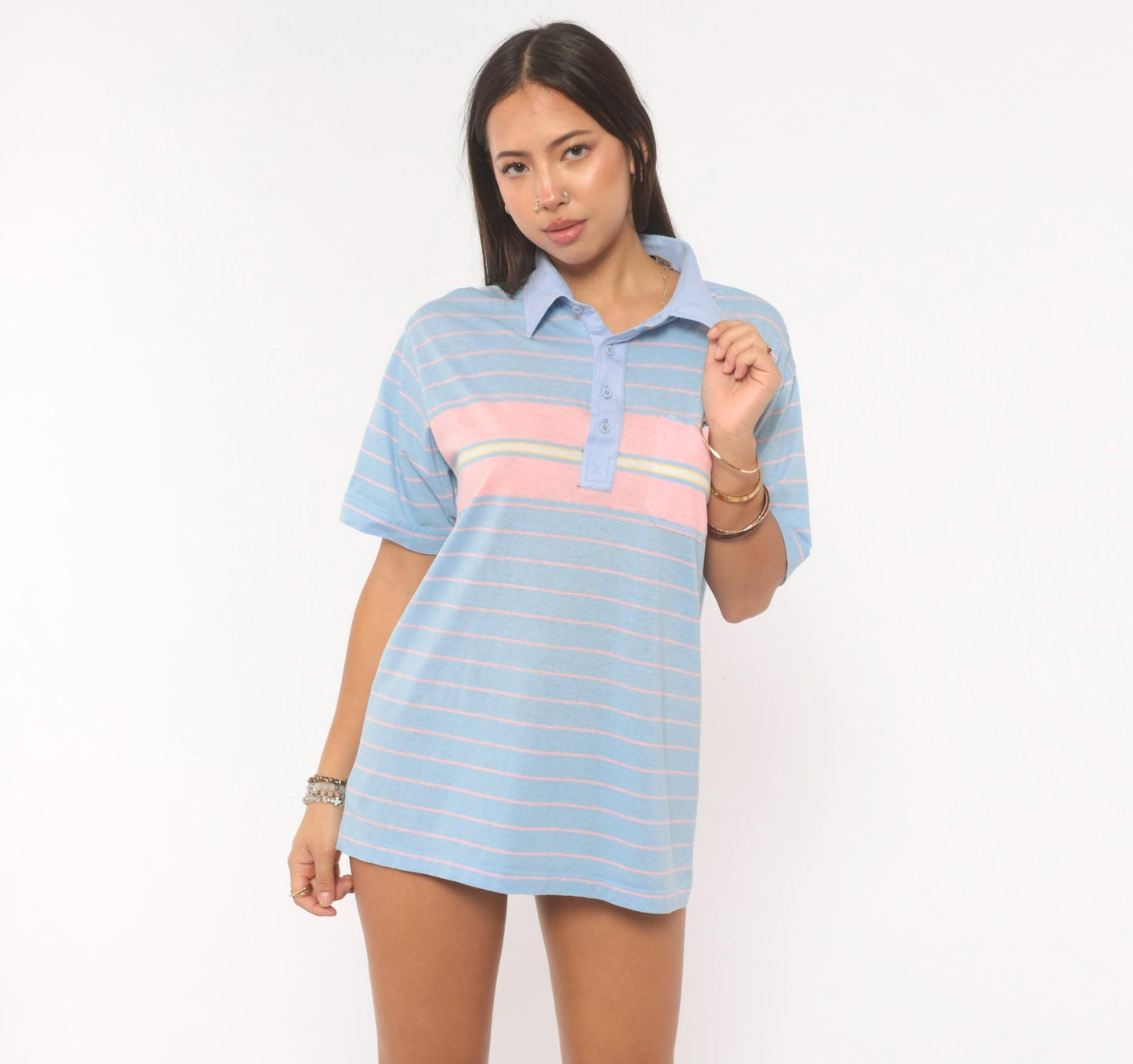 80s Par Four Striped Polo Shirt Blue Pink Chest Pocket Medium
