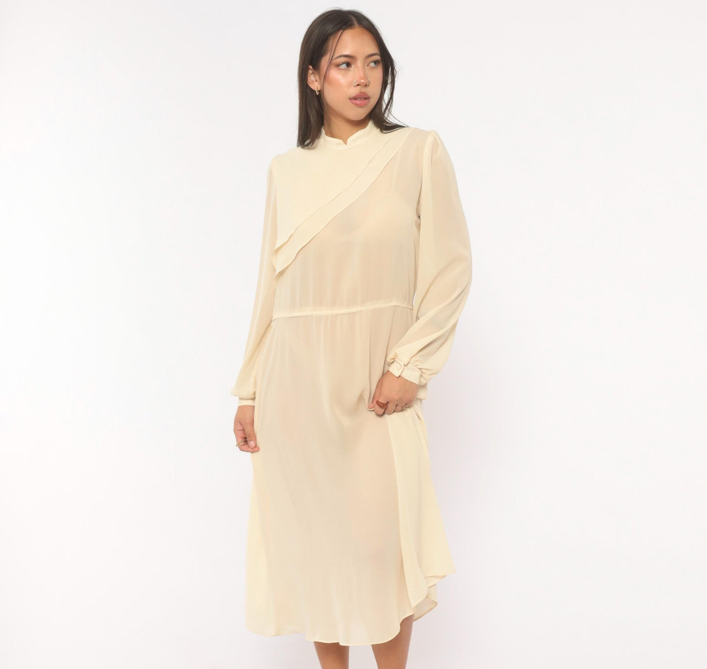 70s Jimmy Los Angeles Cream Chiffon Midi Dress Mandarin Collar Medium M