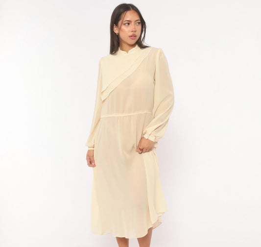 70s Jimmy Los Angeles Cream Chiffon Midi Dress Mandarin Collar Medium M