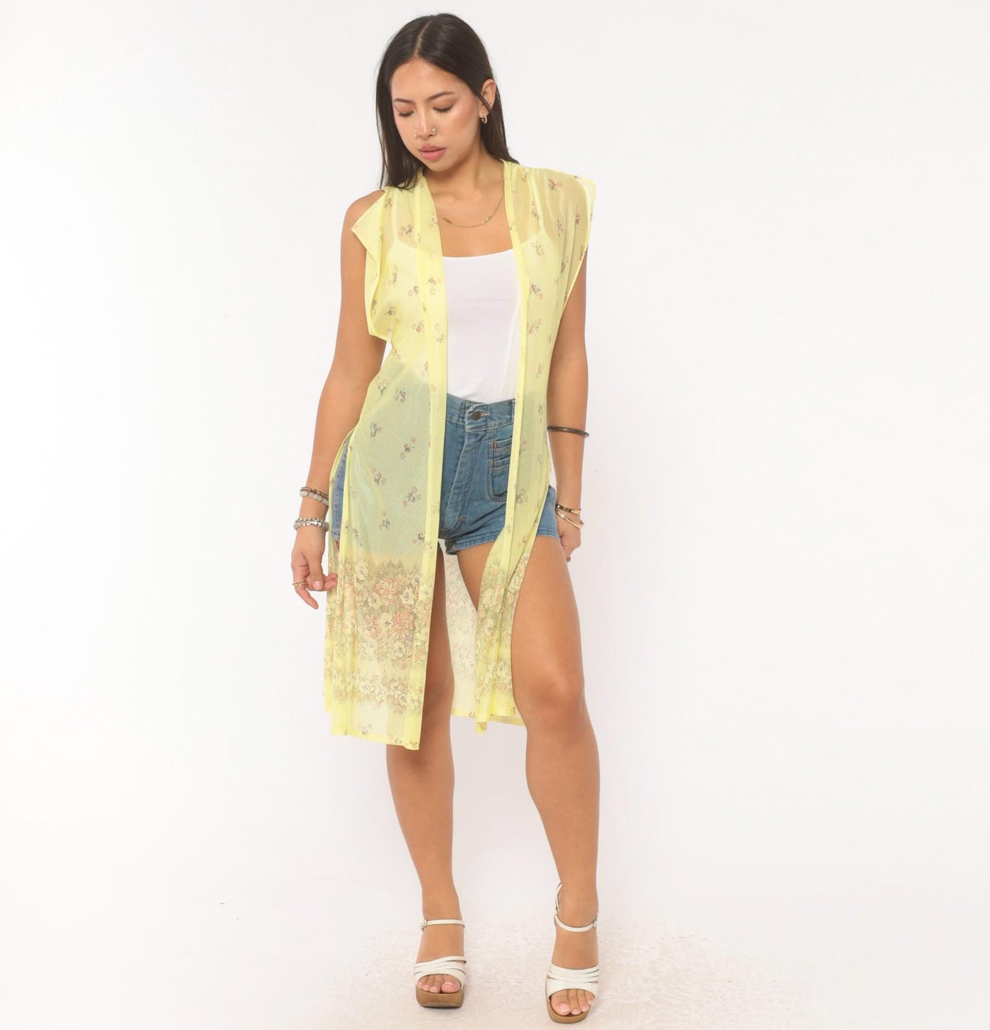 70s Yellow Sheer Floral Duster Cardigan Cap Sleeve Knee-Length Small