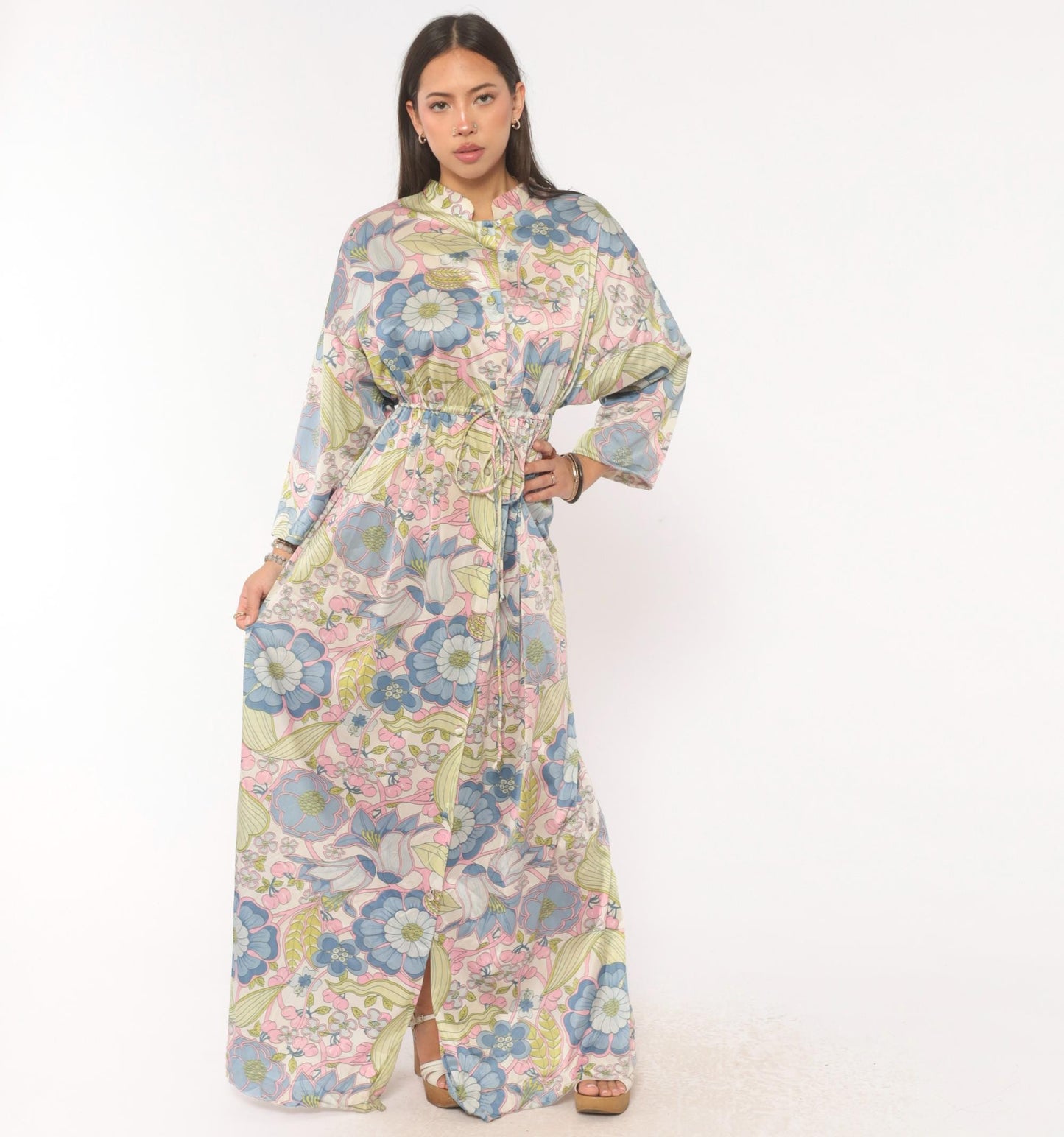 70s Vanity Fair Psychedelic Floral Maxi Dress Nylon Kimono Sleeve Medium
