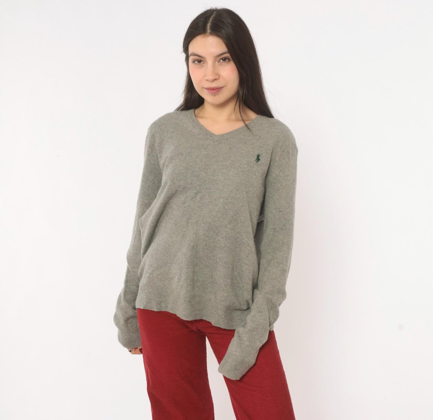 Y2K Ralph Lauren Grey Merino Wool V-Neck Sweater Distressed Large L