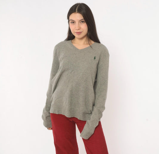 Y2K Ralph Lauren Grey Merino Wool V-Neck Sweater Distressed Large L