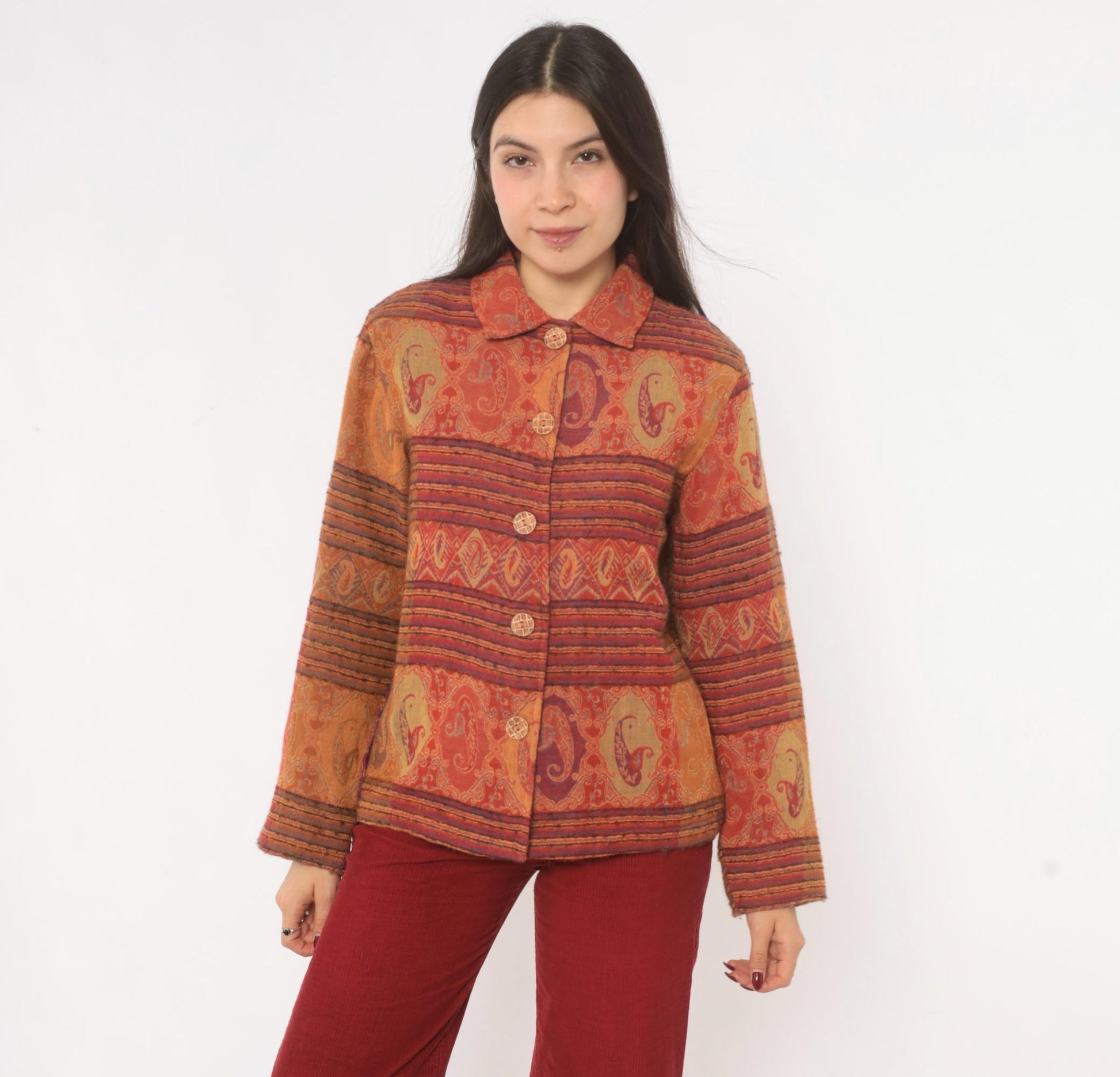2000s Coldwater Creek Paisley Wool Jacket Rust Copper Plum XS