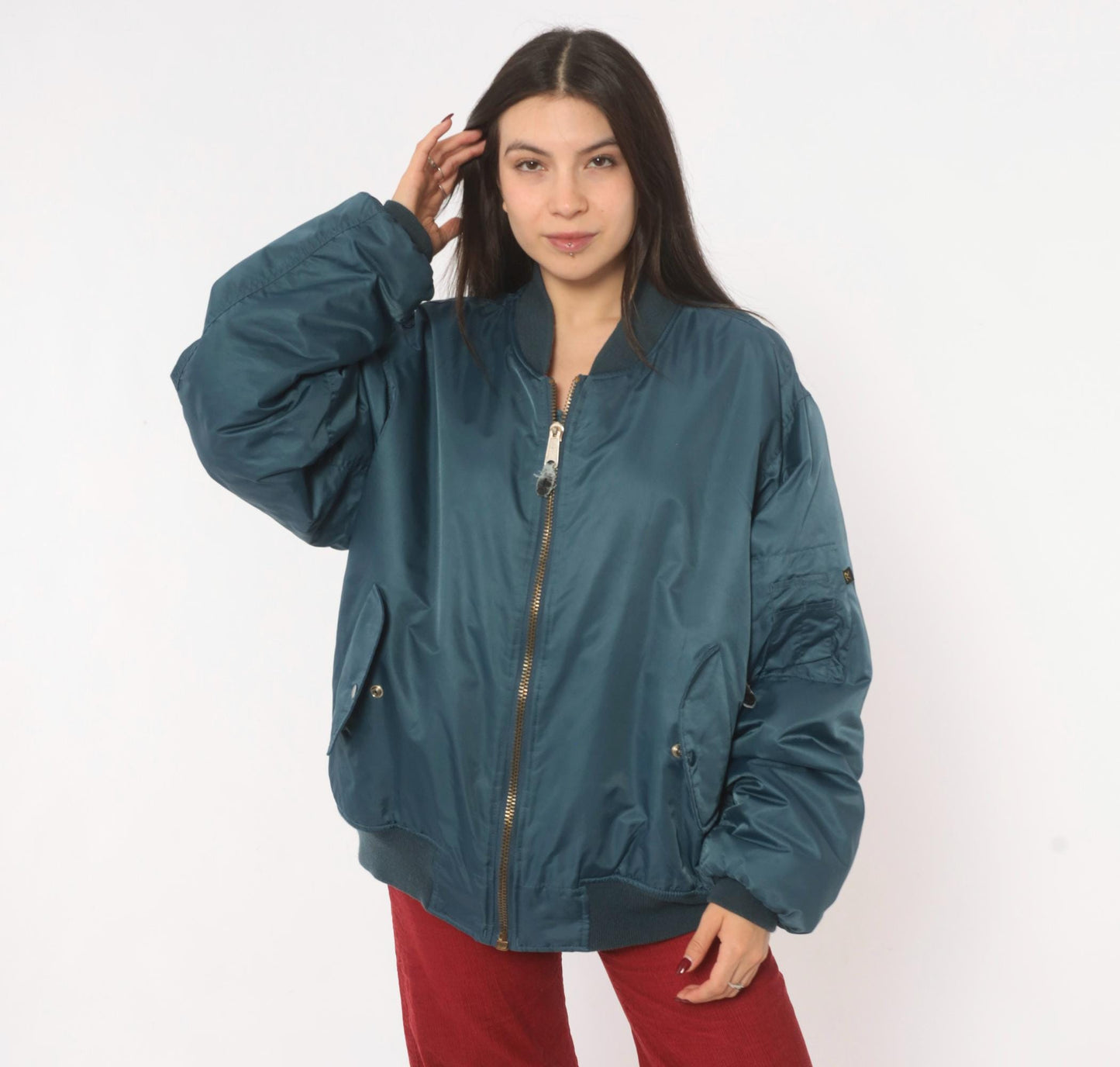 90s Rothco MA-1 Bomber Jacket Slate Blue Reversible Orange Flight Coat Large L