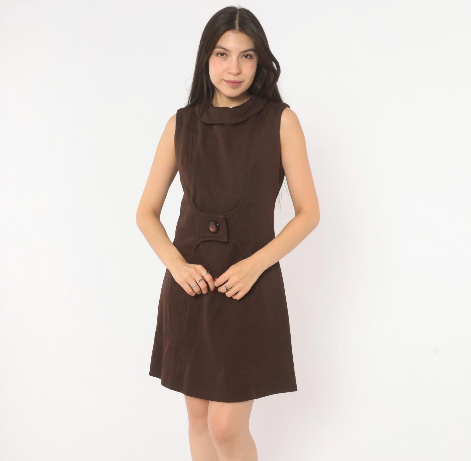 60s Mod Shift Dress Chocolate Brown Sleeveless A-Line Mini Small