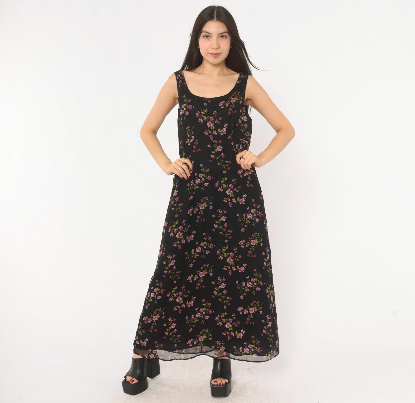 90s Robbie Bee Black Floral Silk Maxi Dress Purple Pink Scoop Neck Medium