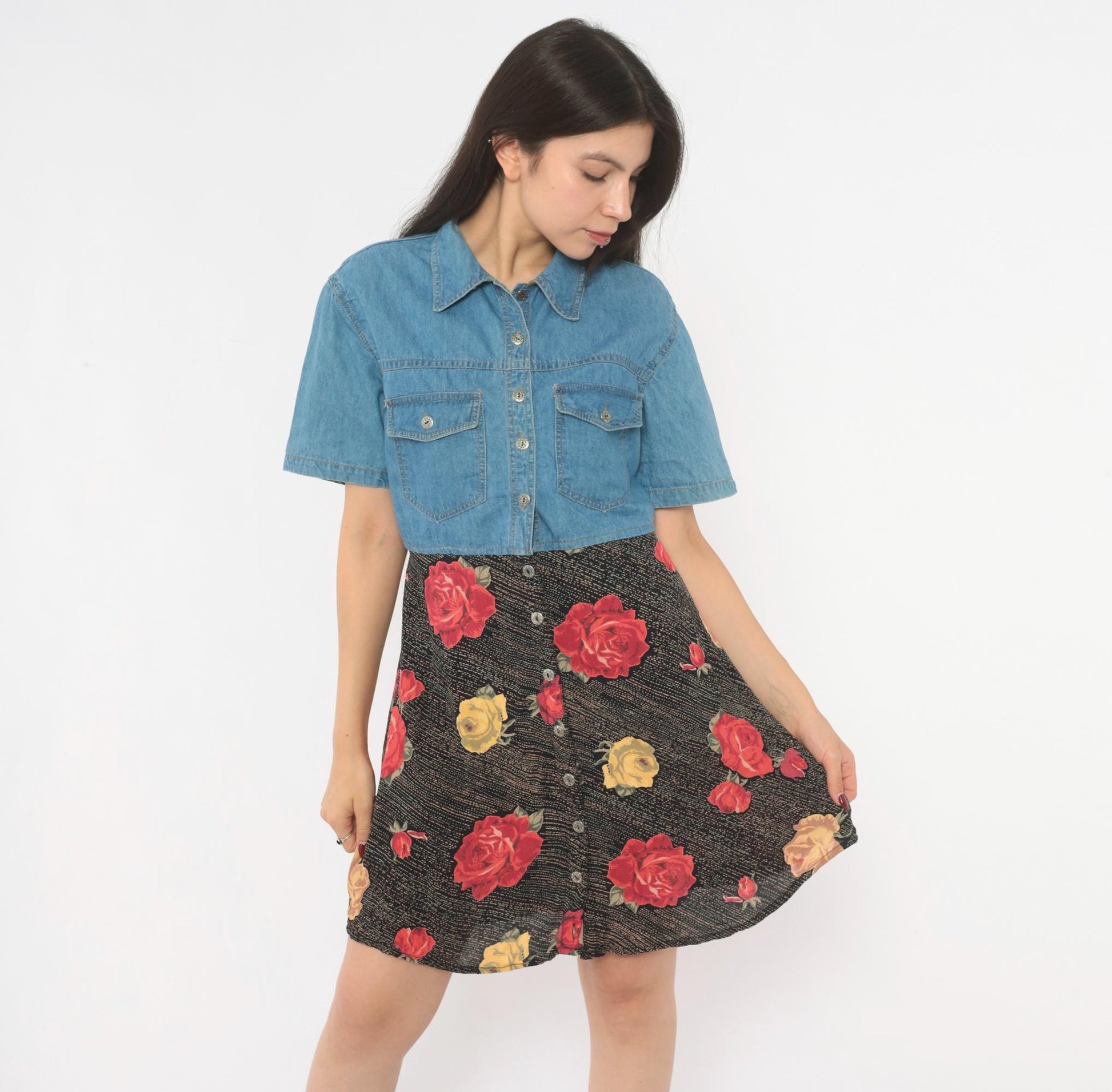 90s M.P.H. Denim Floral Mini Dress Button Front Collared Medium M