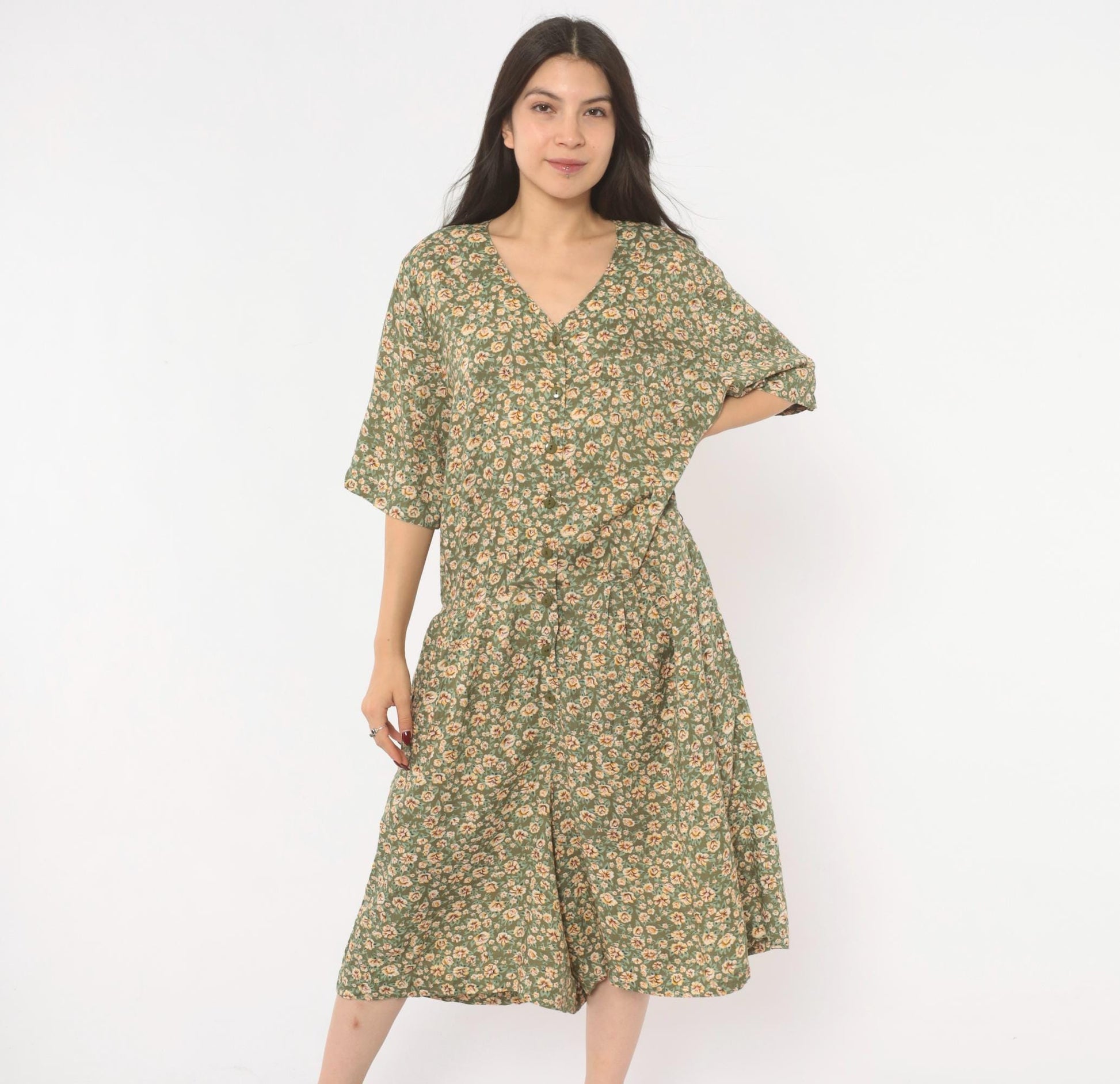 90s Westport Ltd. Floral Midi Romper Button Front Calico Print Olive Cream Extra Large XXL