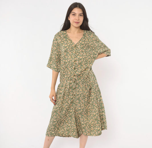90s Westport Ltd. Floral Midi Romper Button Front Calico Print Olive Cream Extra Large XXL