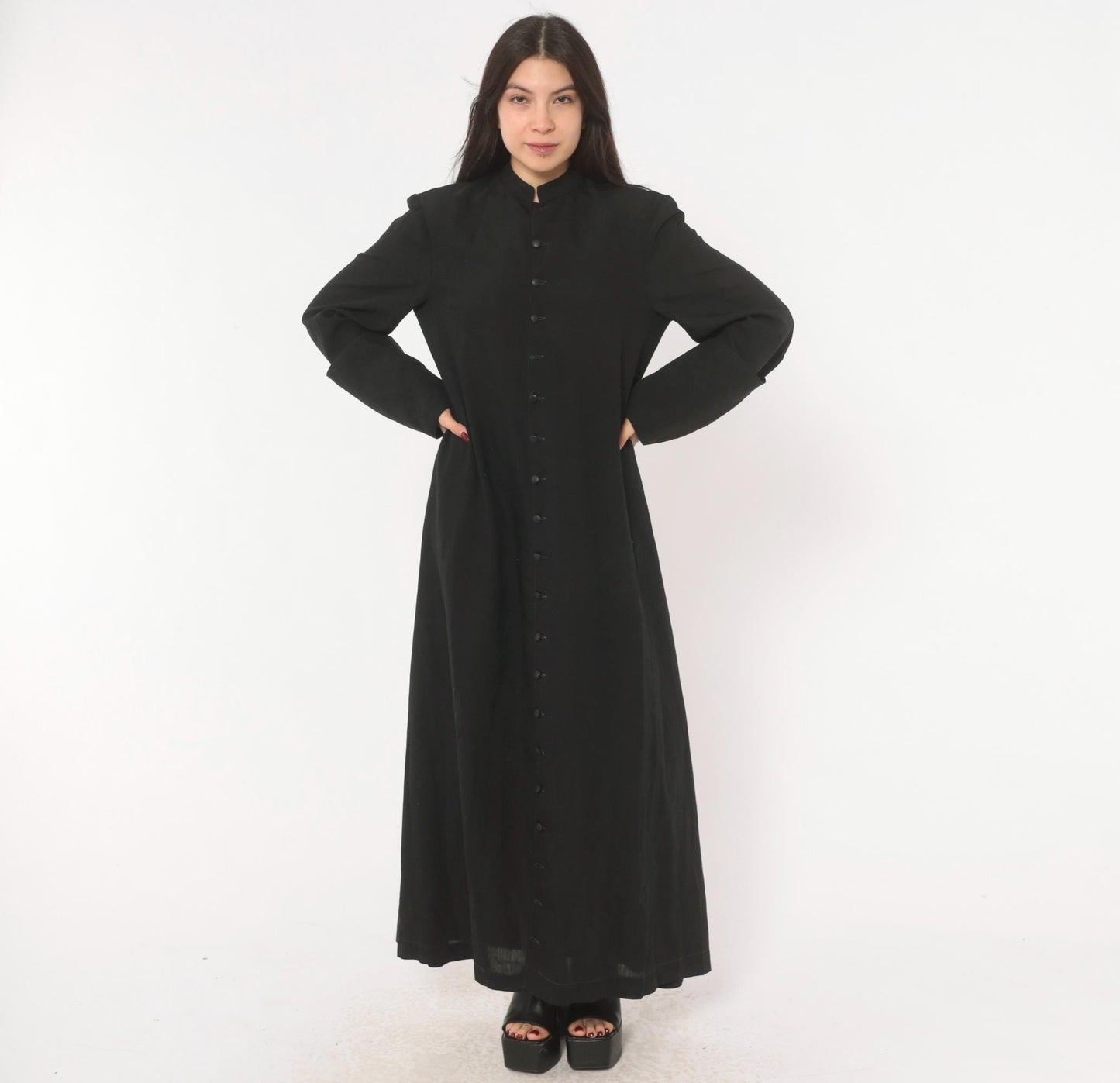 90s Black Maxi Dress Mandarin Collar Button Front Long Sleeve Medium
