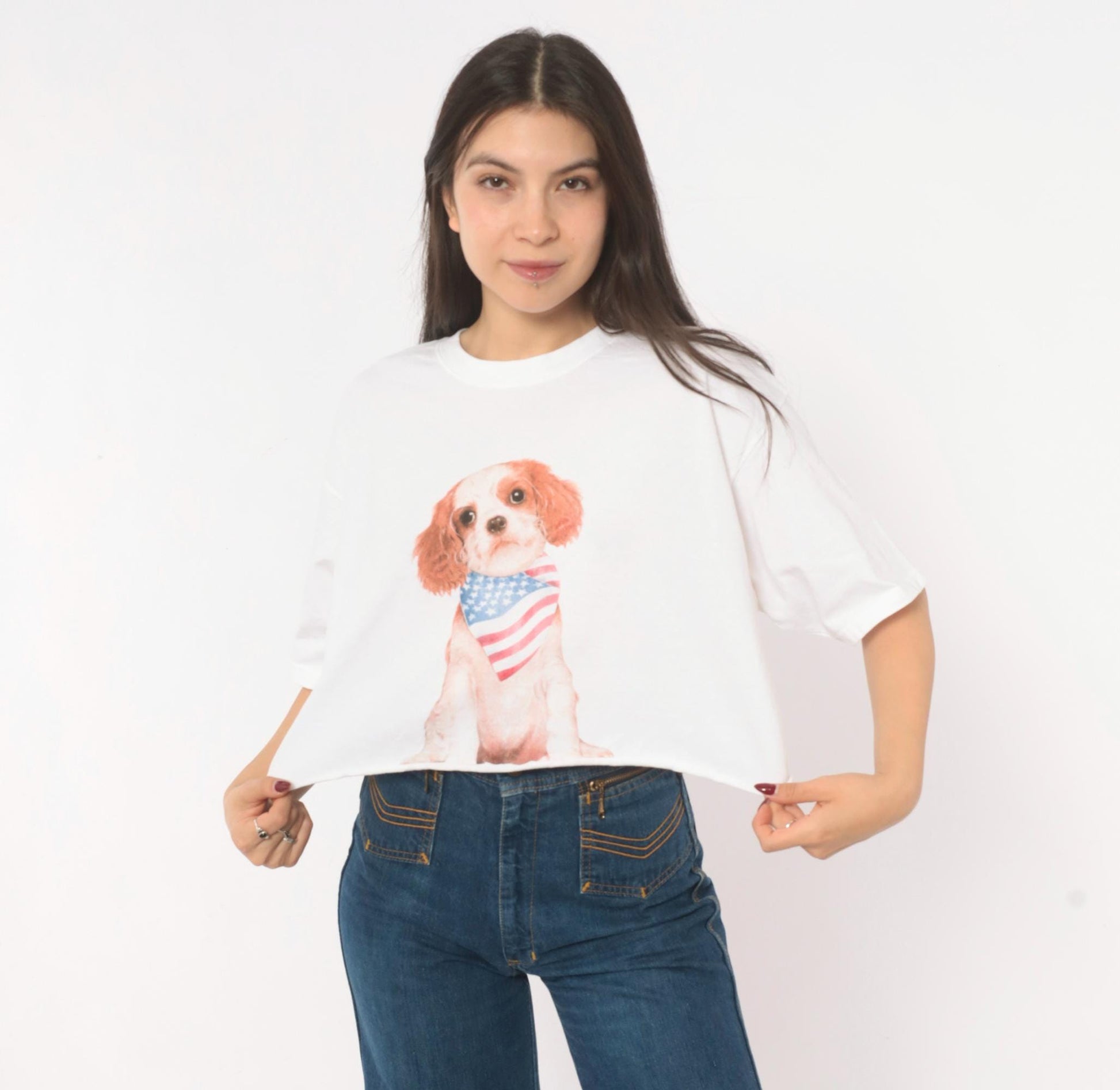 90s Yazbek Puppy Dog American Flag Bandana Graphic Crop Tee White Cotton Medium