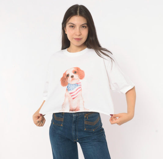 90s Yazbek Puppy Dog American Flag Bandana Graphic Crop Tee White Cotton Medium