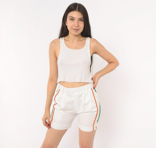 80s Rainbow Stripe White Cotton Bermuda Shorts High Waist Pleated Small S