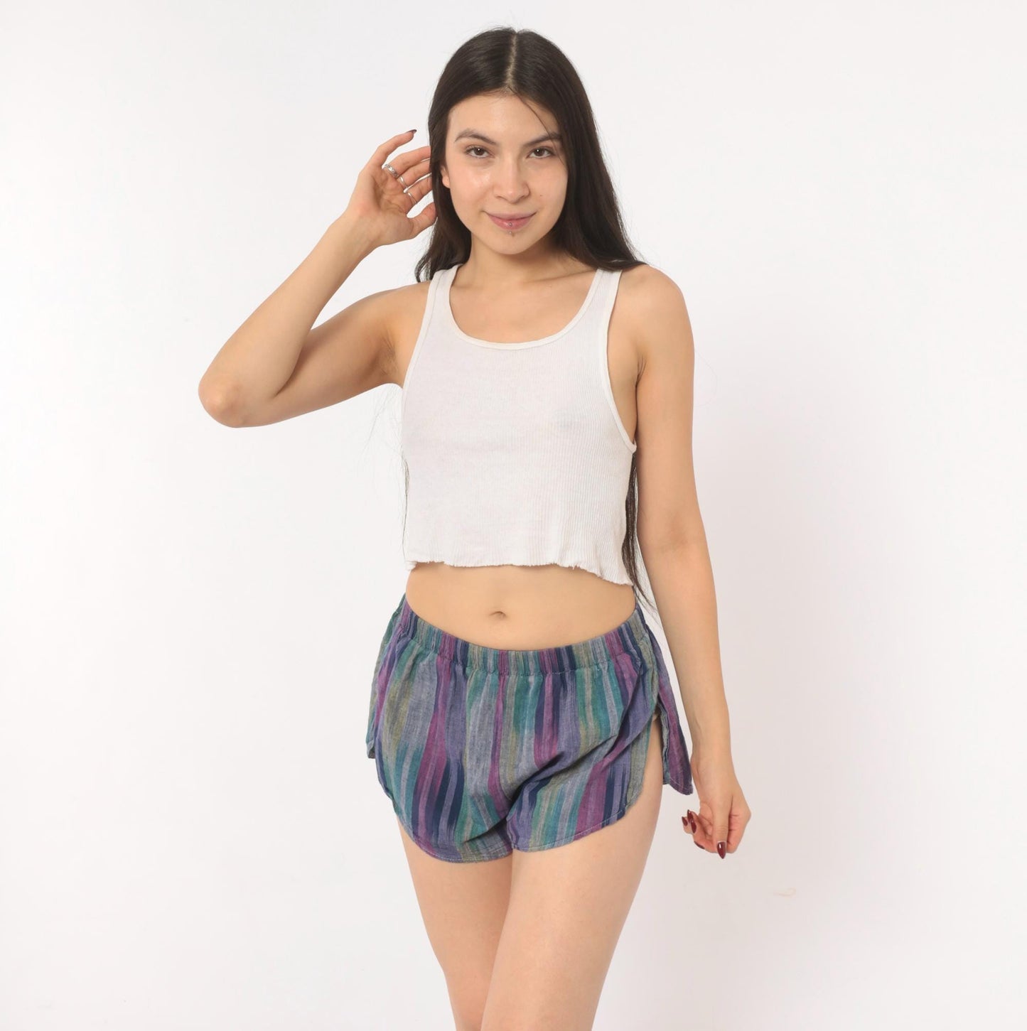 80s Pounders Striped Runner Shorts Purple Teal Navy Cotton Dolphin Hem Small S
