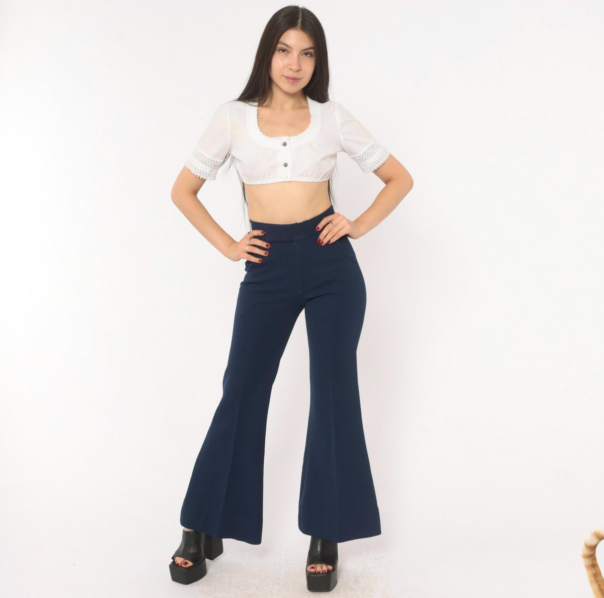 70s Oaxx Navy Bell Bottom Flare Pants High Waist Fitted Hip Extra Small