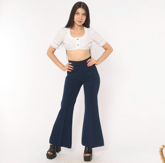 70s Oaxx Navy Bell Bottom Flare Pants High Waist Fitted Hip Extra Small