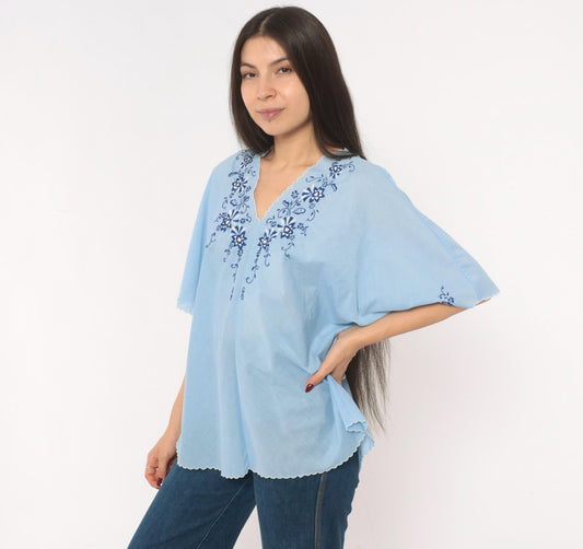 80s Sky Blue Cotton Peasant Blouse Embroidered Floral V Neck Flutter Sleeve Medium Large