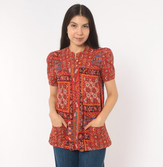 70s Paisley Patchwork Blouse Red Orange Mandarin Collar Cotton Tunic XS
