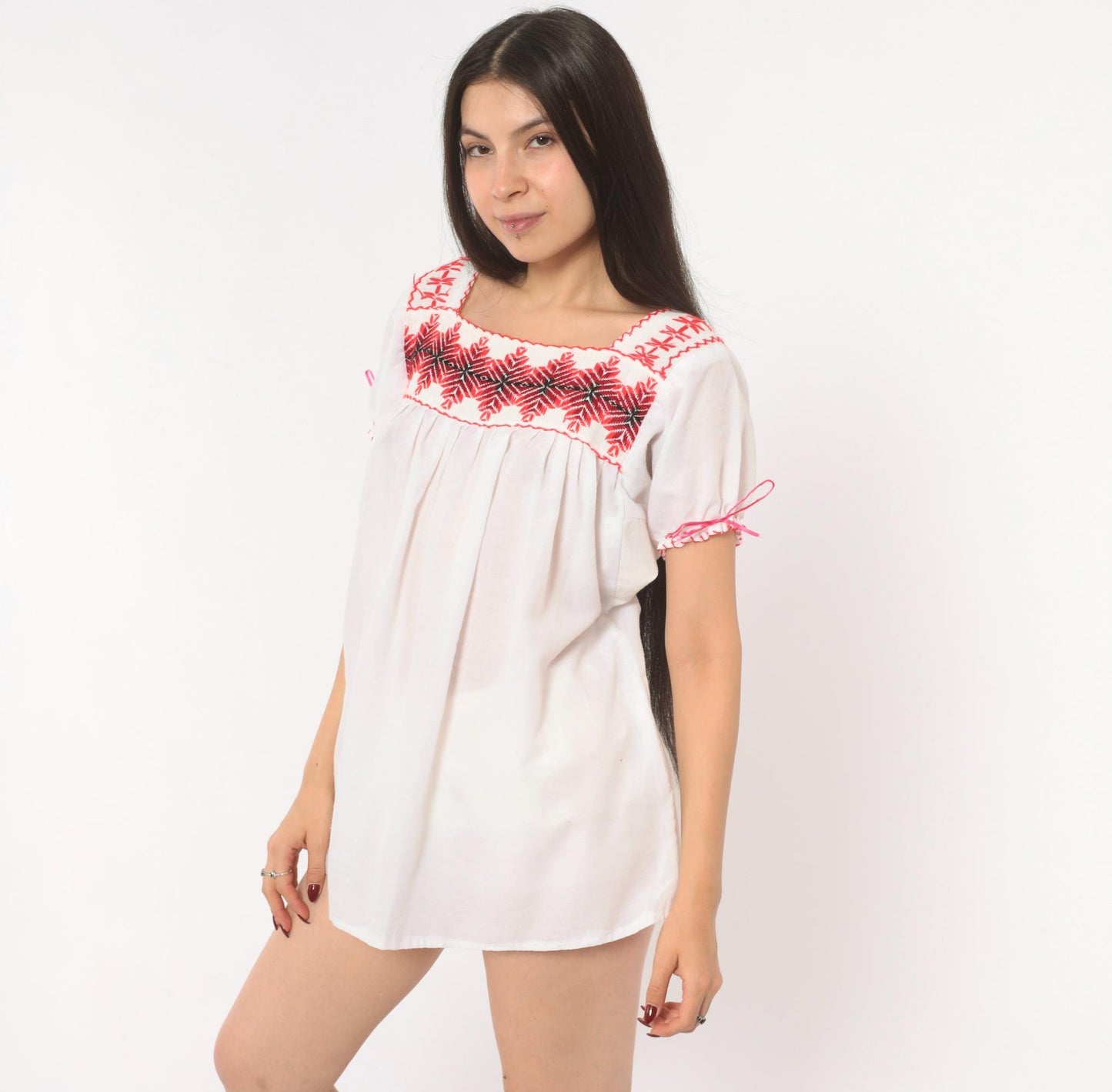90s White Peasant Blouse Embroidered Red Cross Stitch Square Neck Puff Sleeve Medium