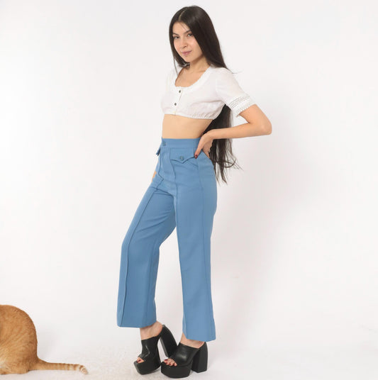 70s Steel Blue High Waisted Wide Leg Flare Trousers Cropped Ankle Extra Small XS