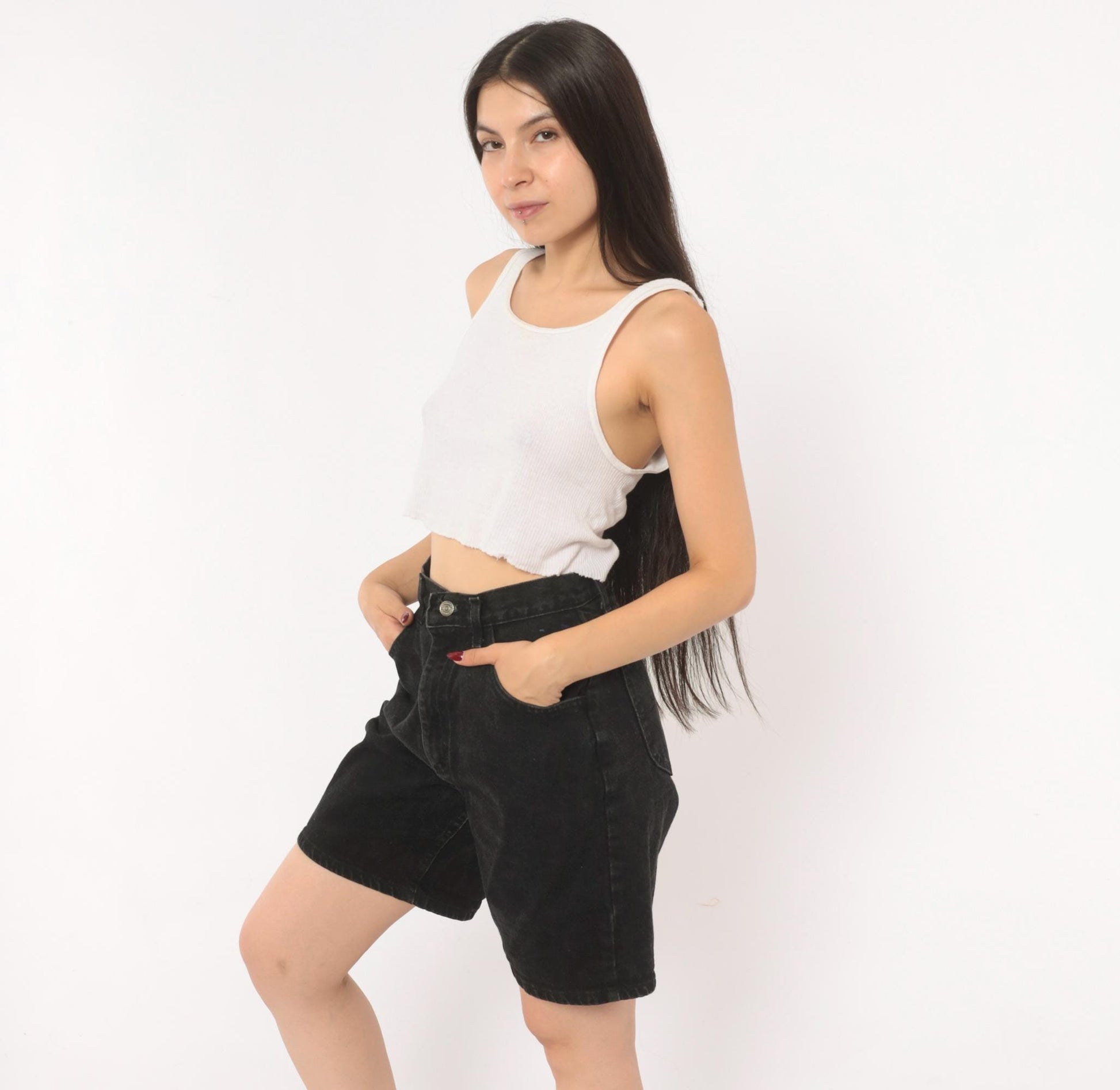 90s Lee Black Denim Bermuda Shorts High Waist Cotton Faded Small S