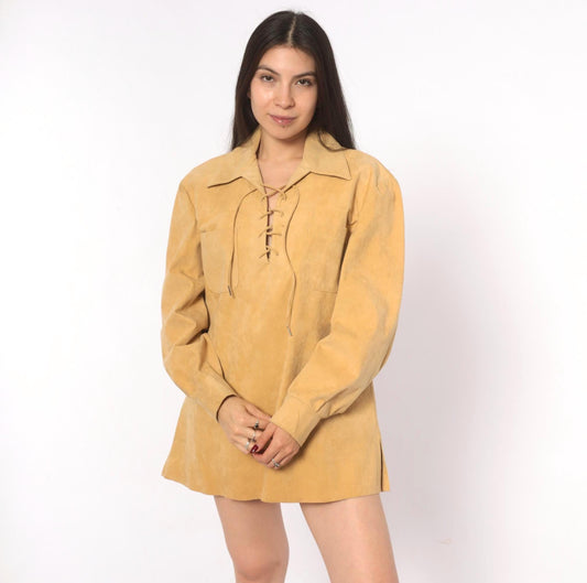 70s Tan Faux Suede Lace-Up Tunic Shirt Pointed Collar Long Sleeve Large L