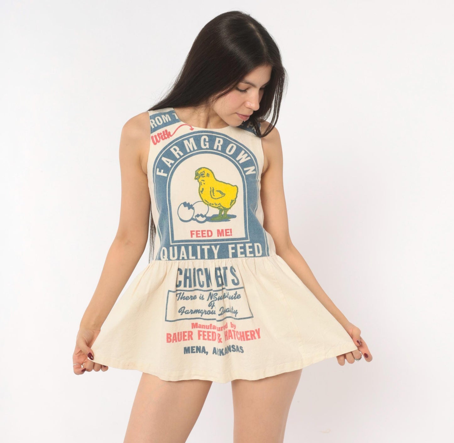 70s Chicken Feed Sack Mini Dress Cotton Cream Yellow Graphic XXS