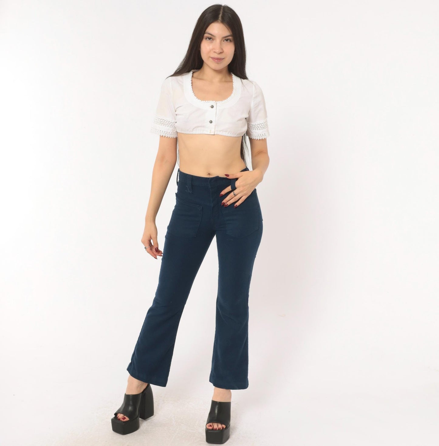 70s Bootleggers Navy Flare Pants High Rise Bell Bottom Denim Dark Blue XXS