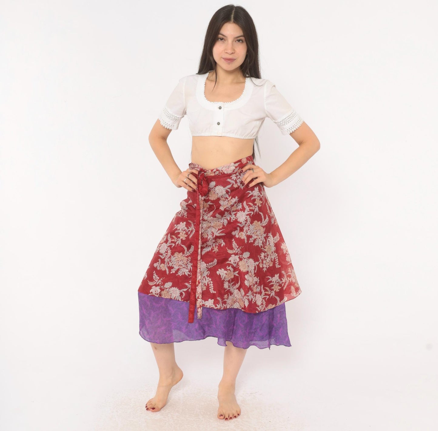 Y2K Kariza Silk Wrap Skirt Burgundy Floral Purple Double Layer Small Medium