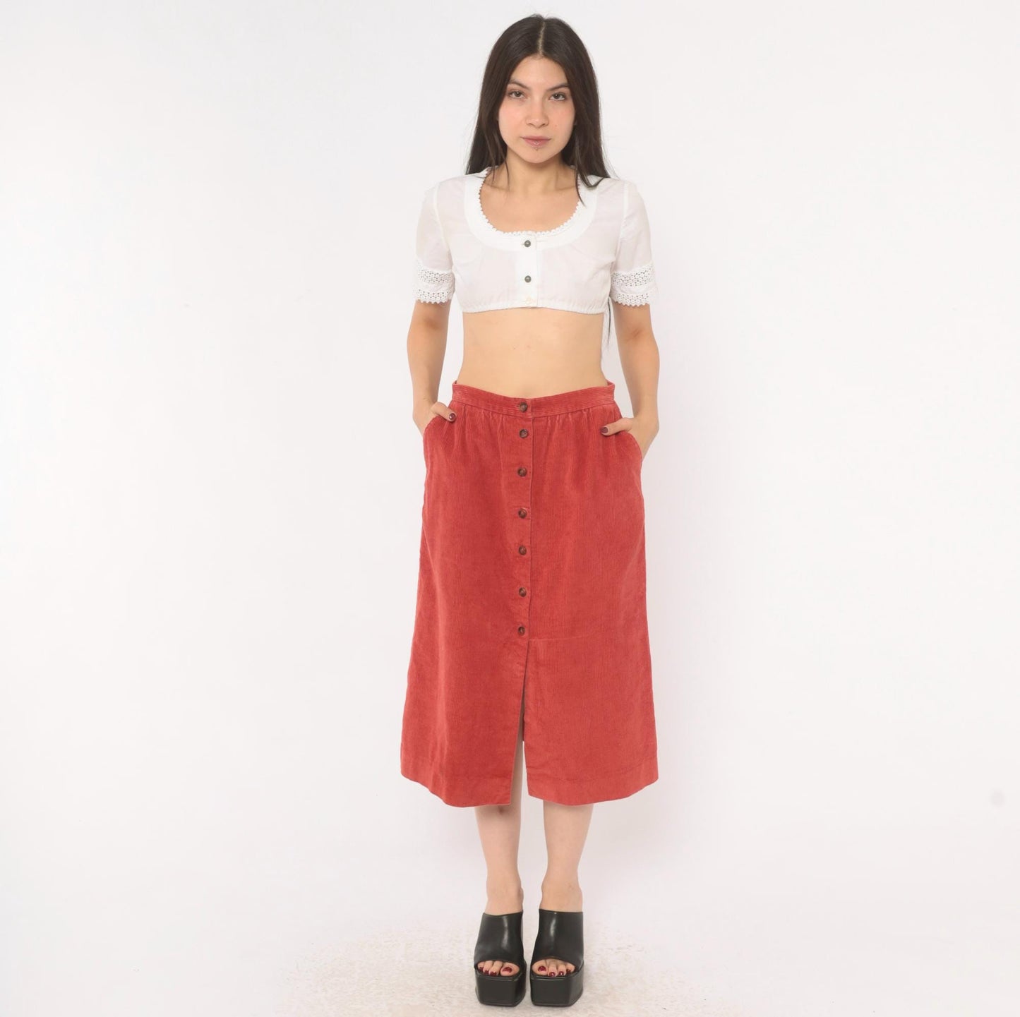 80s The Lilly Corduroy Midi Skirt Button Front A-Line Rust Small S