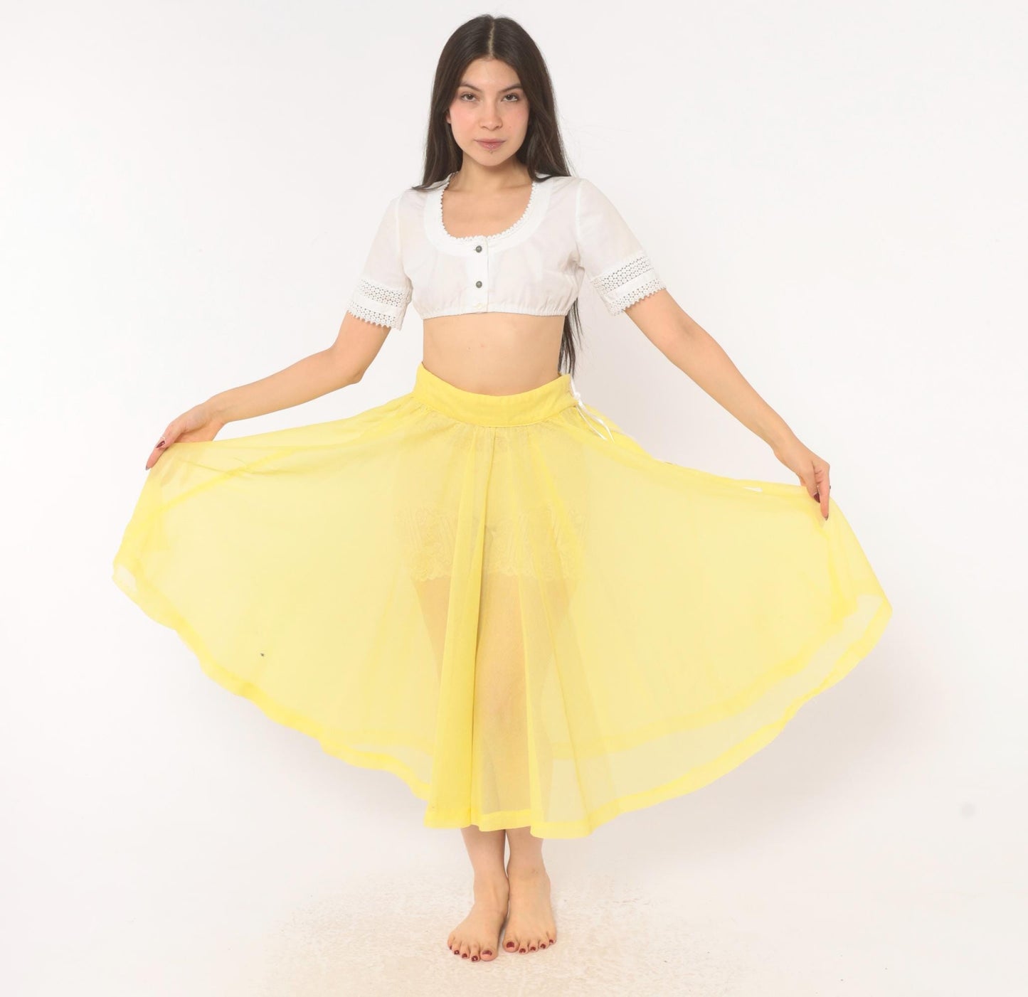 80s Yellow Sheer Circle Skirt Midi Ribbon Tie Lemon Chiffon Small