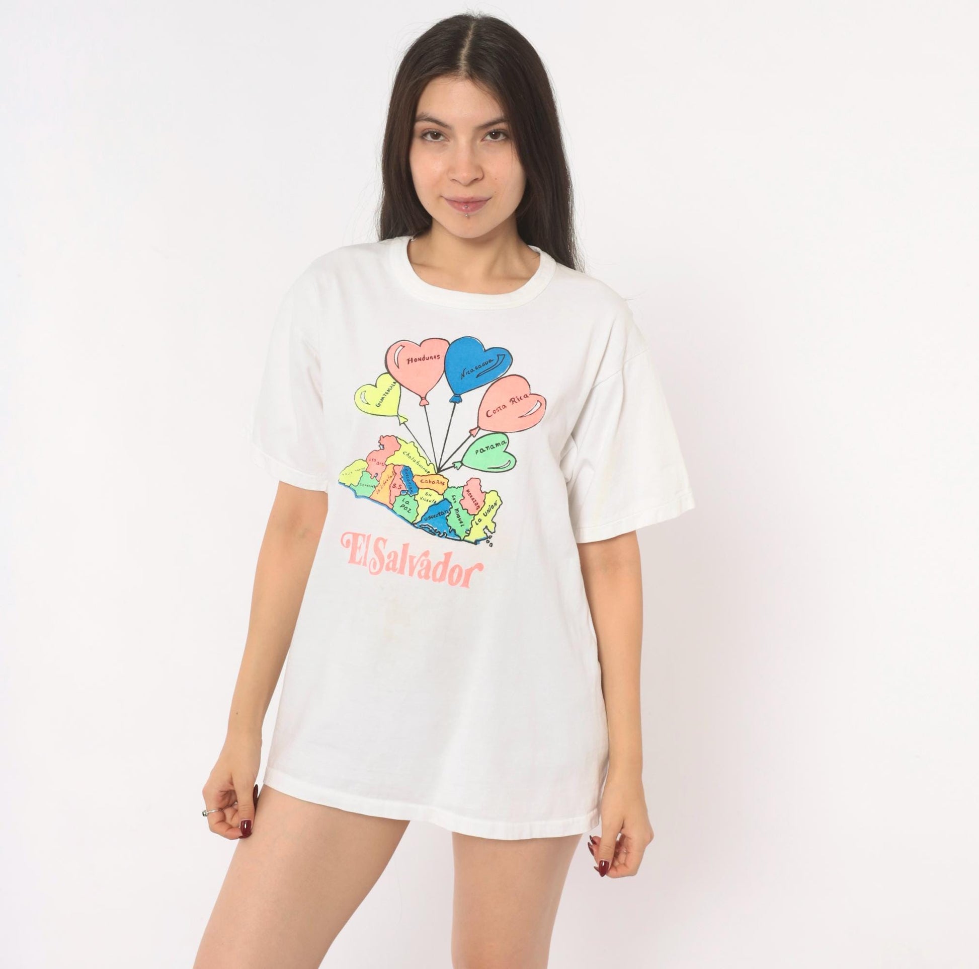 2000s El Salvador Map Heart Balloon Graphic White Cotton Tee Large L